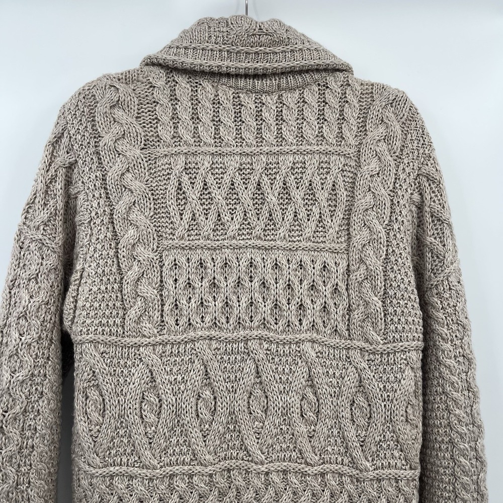 inis crafts merino 100% wool Sweater L Tan Long Full Zip Cable Knit Ireland Boho - Picture 9 of 12